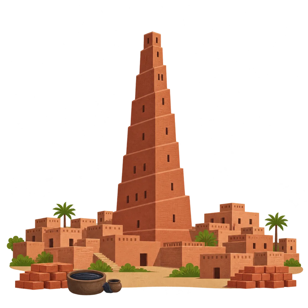 Uma alta torre de tijolos se ergue acima de uma cidade de prédios de tijolos em uma planície, sob o céu
