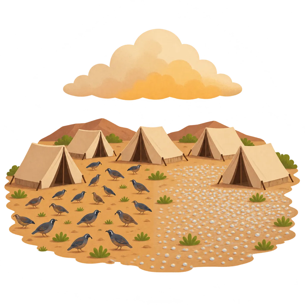 A camp of tents in a dry wilderness under a cloud, with birds on the ground on one side and small round things on the ground on the other