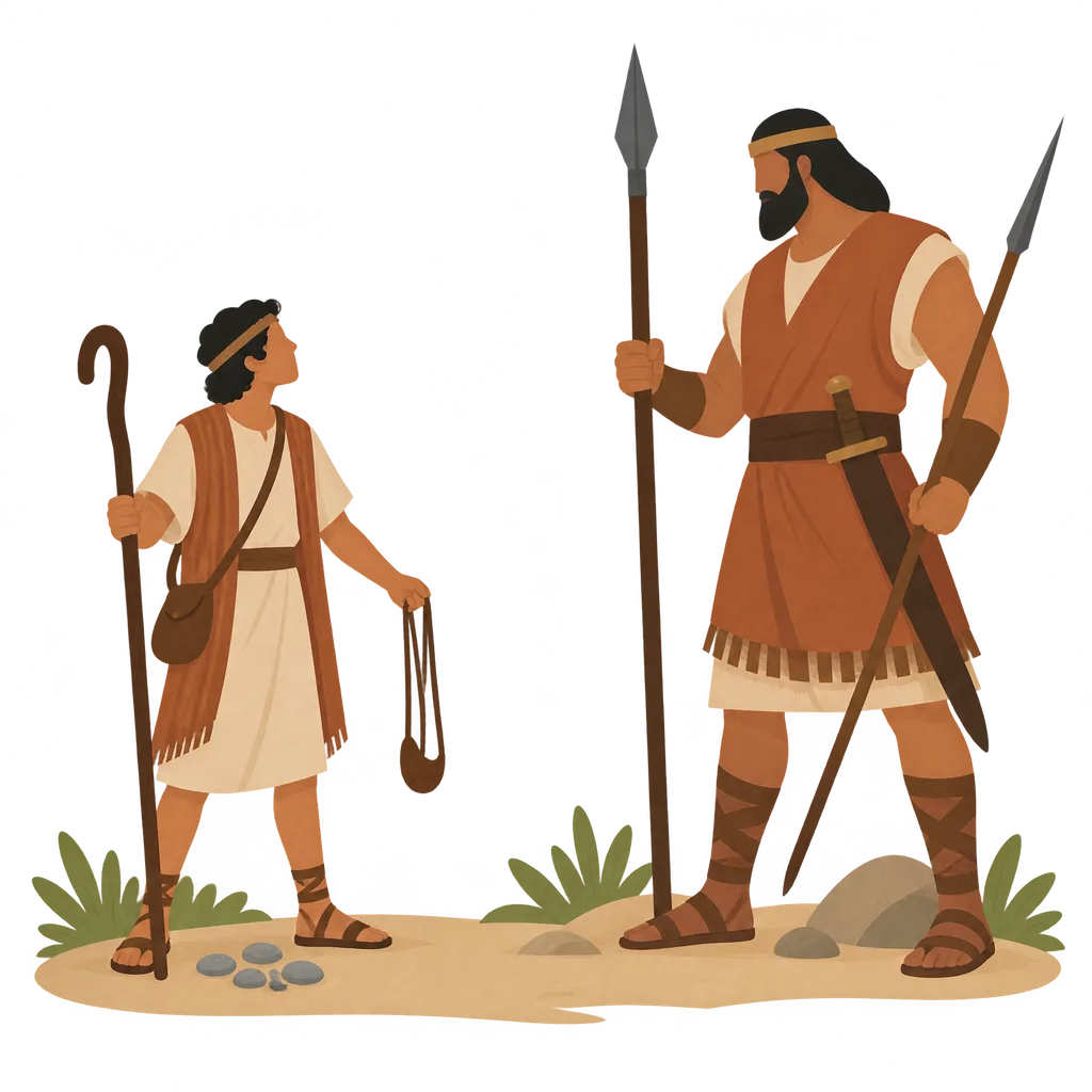 A young man with a sling faces a warrior with a sword, a spear and a javelin; five smooth stones lie at the young man's feet