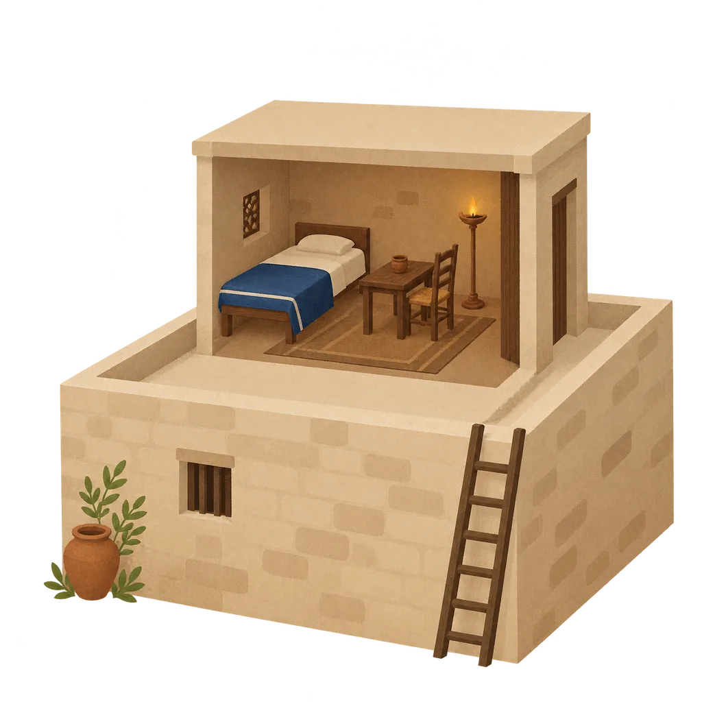 A flat-roofed house with exactly one small room built on the roof, and inside the room a bed, a table, a chair and a lamp stand