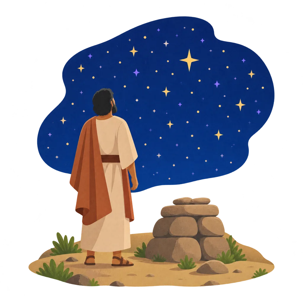 Un hombre visto de espaldas mira un cielo lleno de estrellas, con un pequeño altar de piedras a su lado