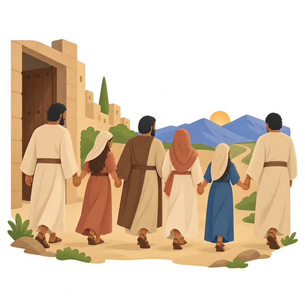 Two men in plain robes lead a man, his wife and his two daughters out of a city, toward distant mountains