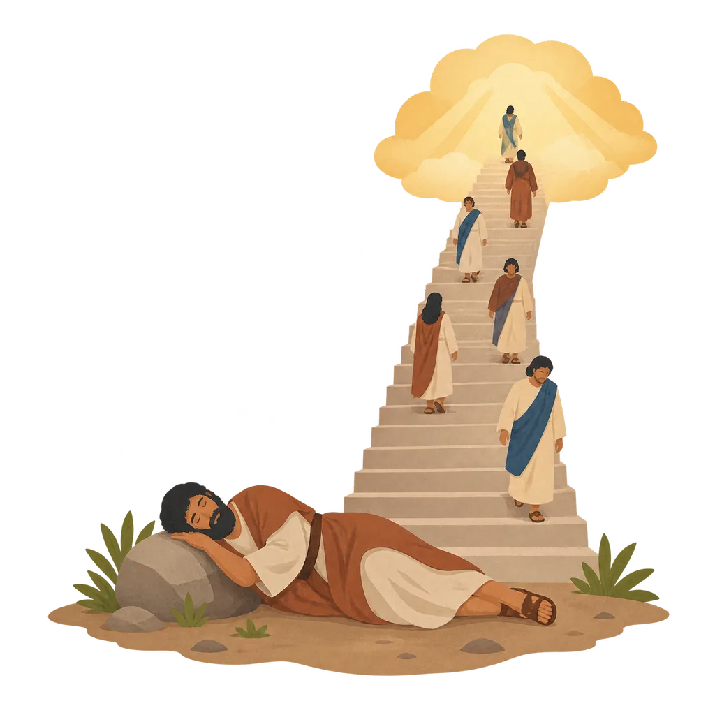 One man lies asleep on bare ground with his head on a stone, and a stairway rises from the ground beside him up to the sky