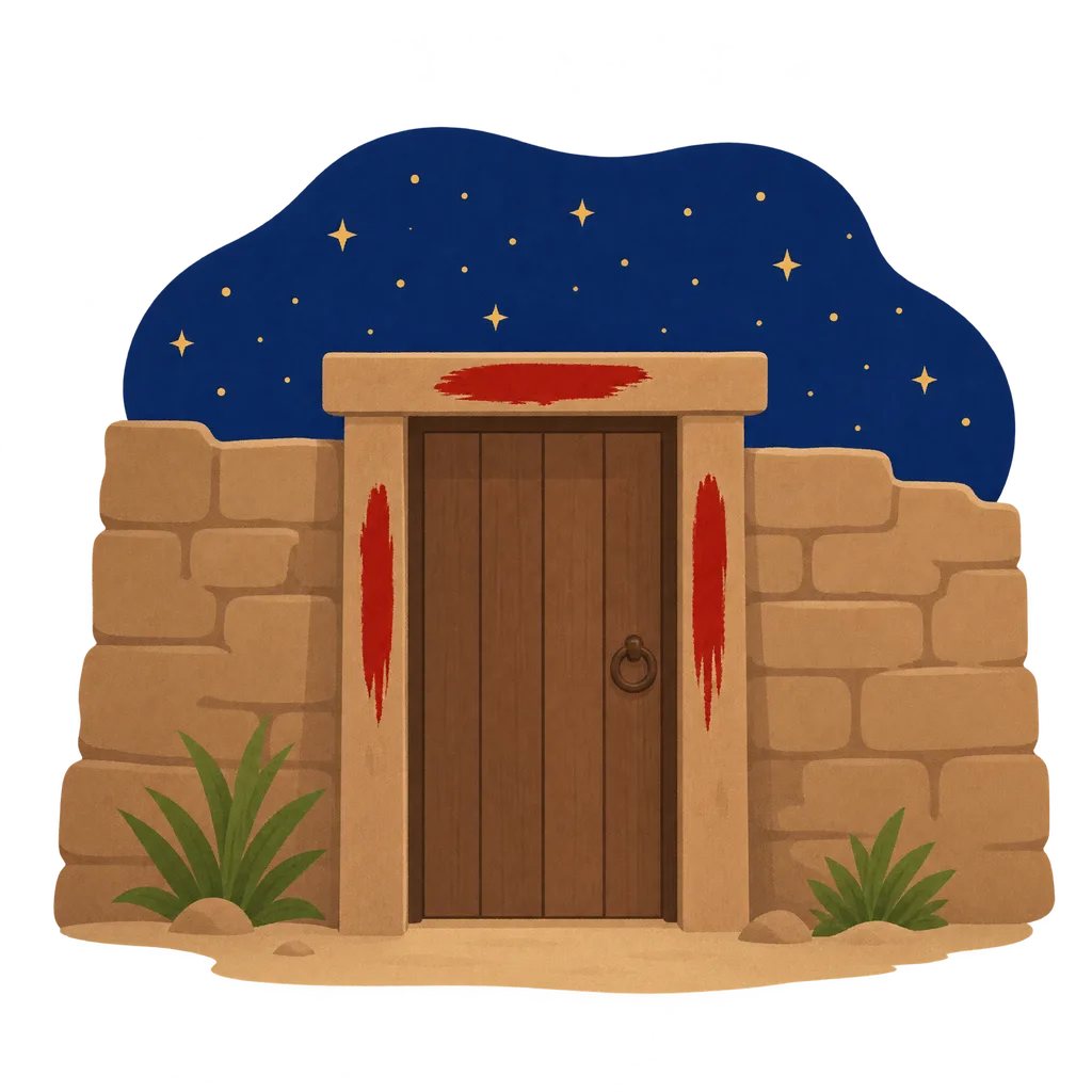 Uma porta de madeira em um muro de tijolos de barro, à noite, com marcas vermelhas no alto e nos lados, sob muitas estrelas