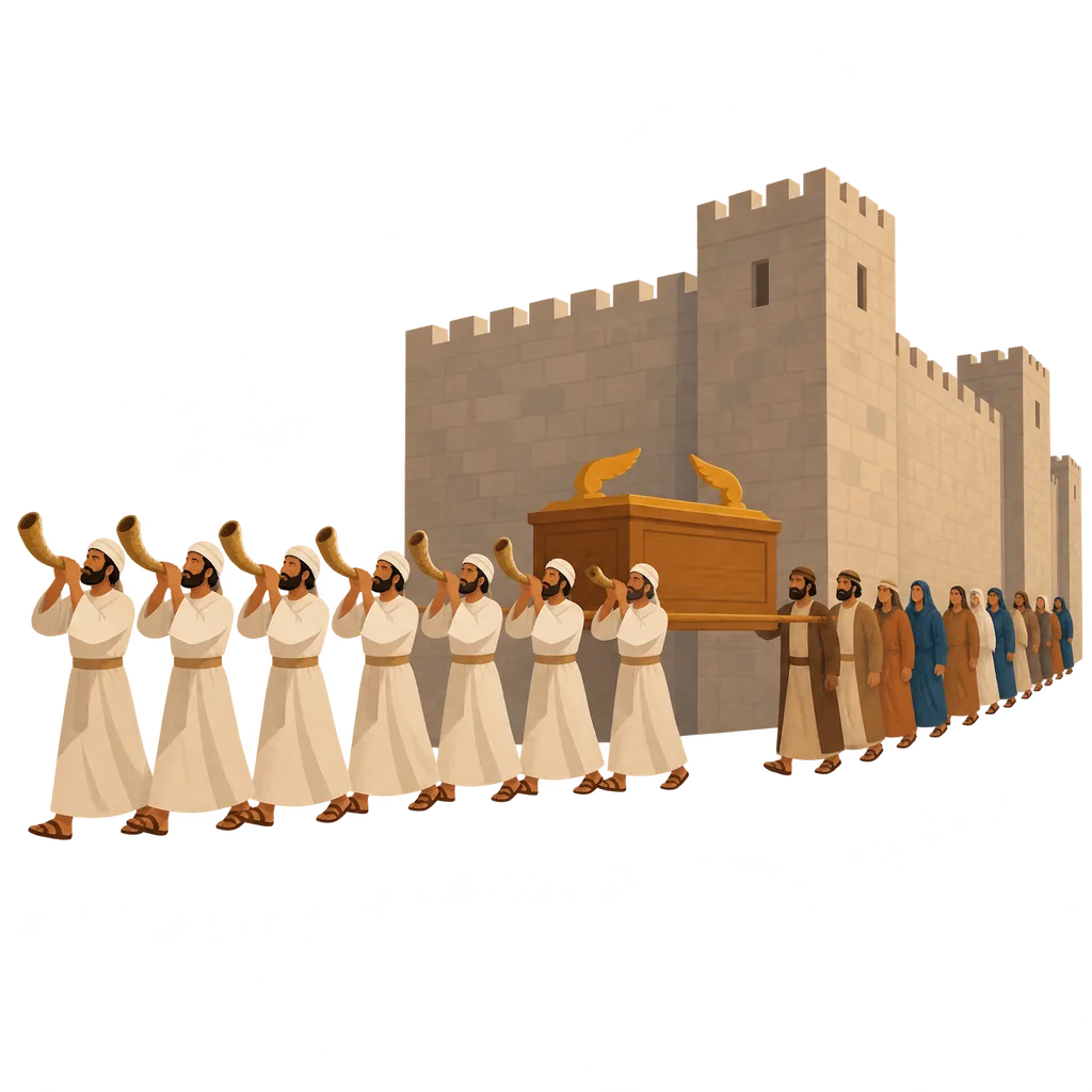 Seven priests in plain robes carry seven ram's-horn trumpets in front of a wooden ark, and a long line of people walks behind it around a tall stone city wall
