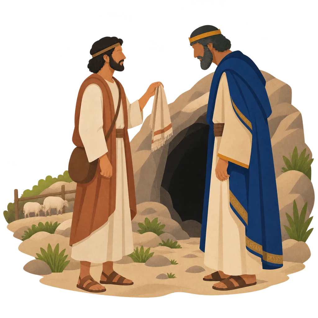 Two men stand face to face on a rocky hillside in front of a cave, and one of them holds up a small piece of cloth