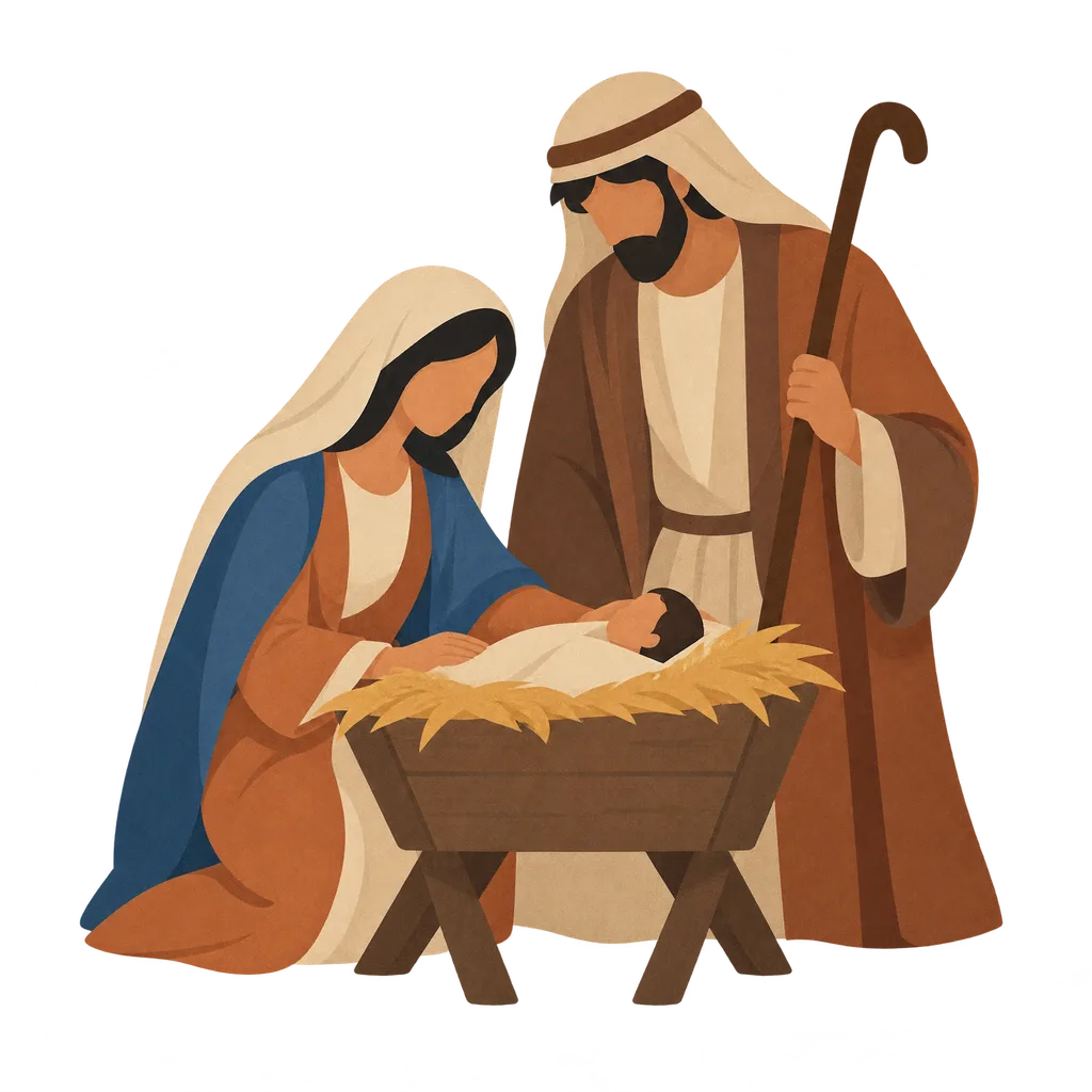Mary and Joseph beside a baby lying in a feeding trough