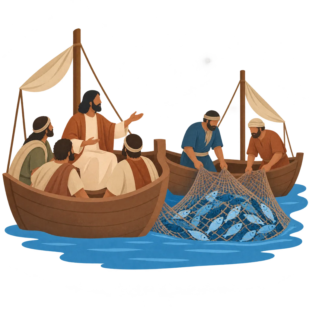 Two fishing boats on a lake with a net full of fish