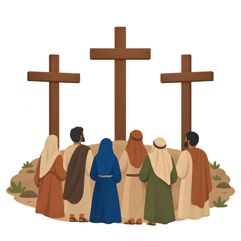 Three plain wooden crosses in a row on bare ground, with a group of people standing in front of them