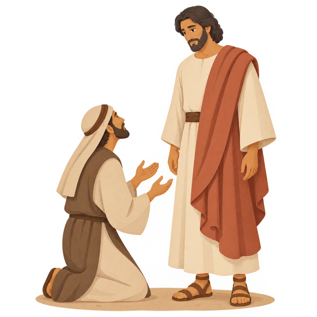 One man kneels on a road before another man in a plain robe