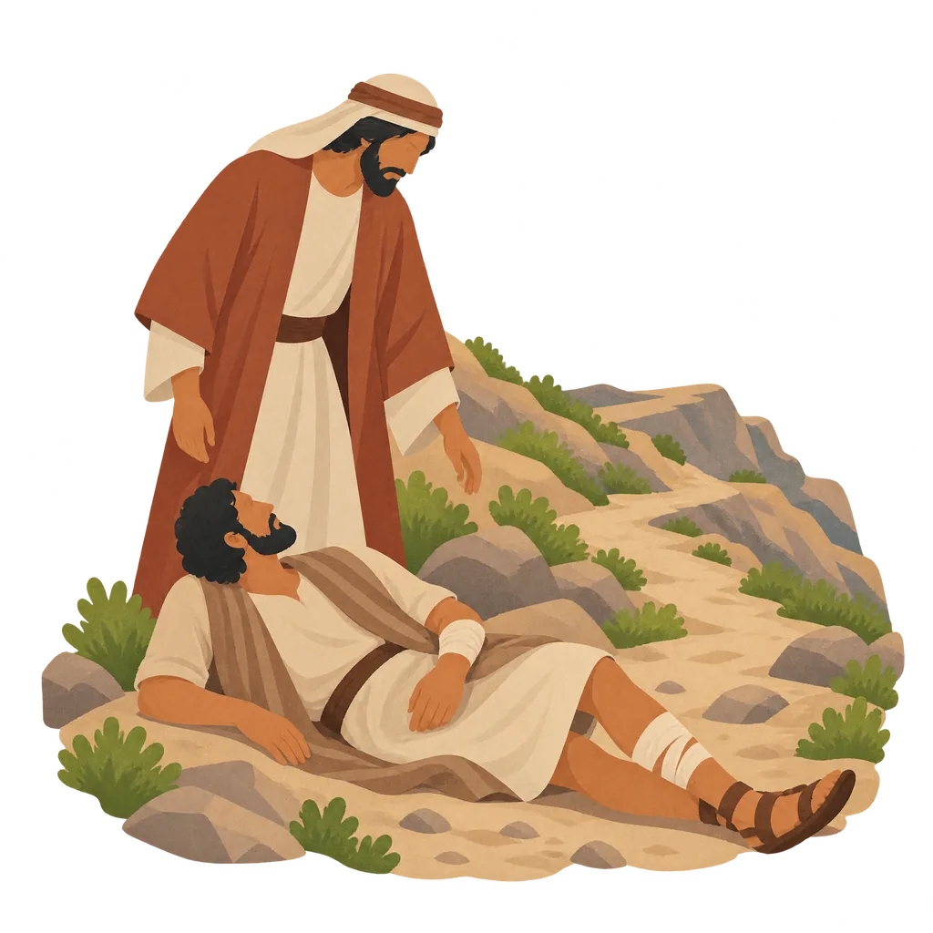 A man in a plain robe stands beside a man lying on the ground by a rugged road in the hills
