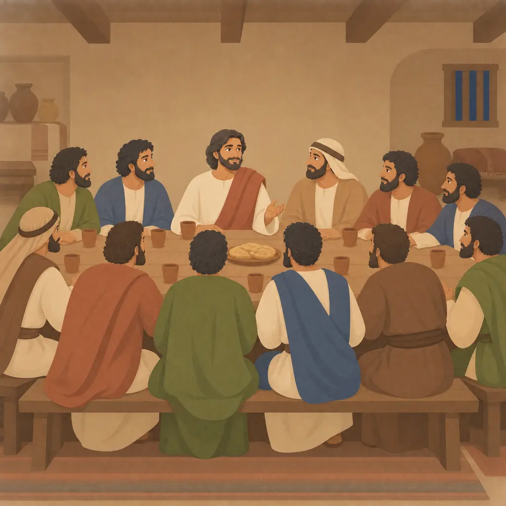 Thirteen men in plain robes sit around a long table in a large upper room, with bread and a cup on the table