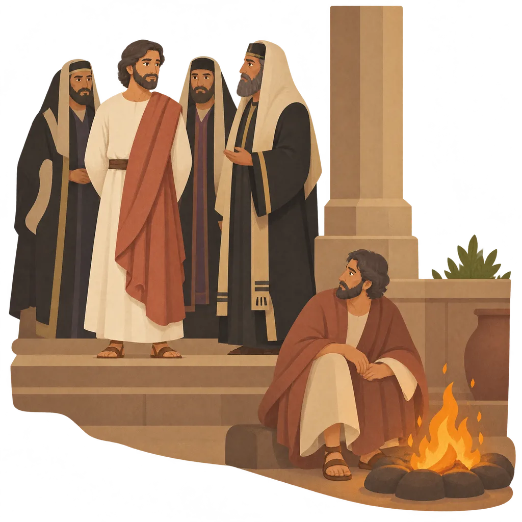 At night, indoors, one man stands in front of several seated men, and in the courtyard below another man sits by a fire