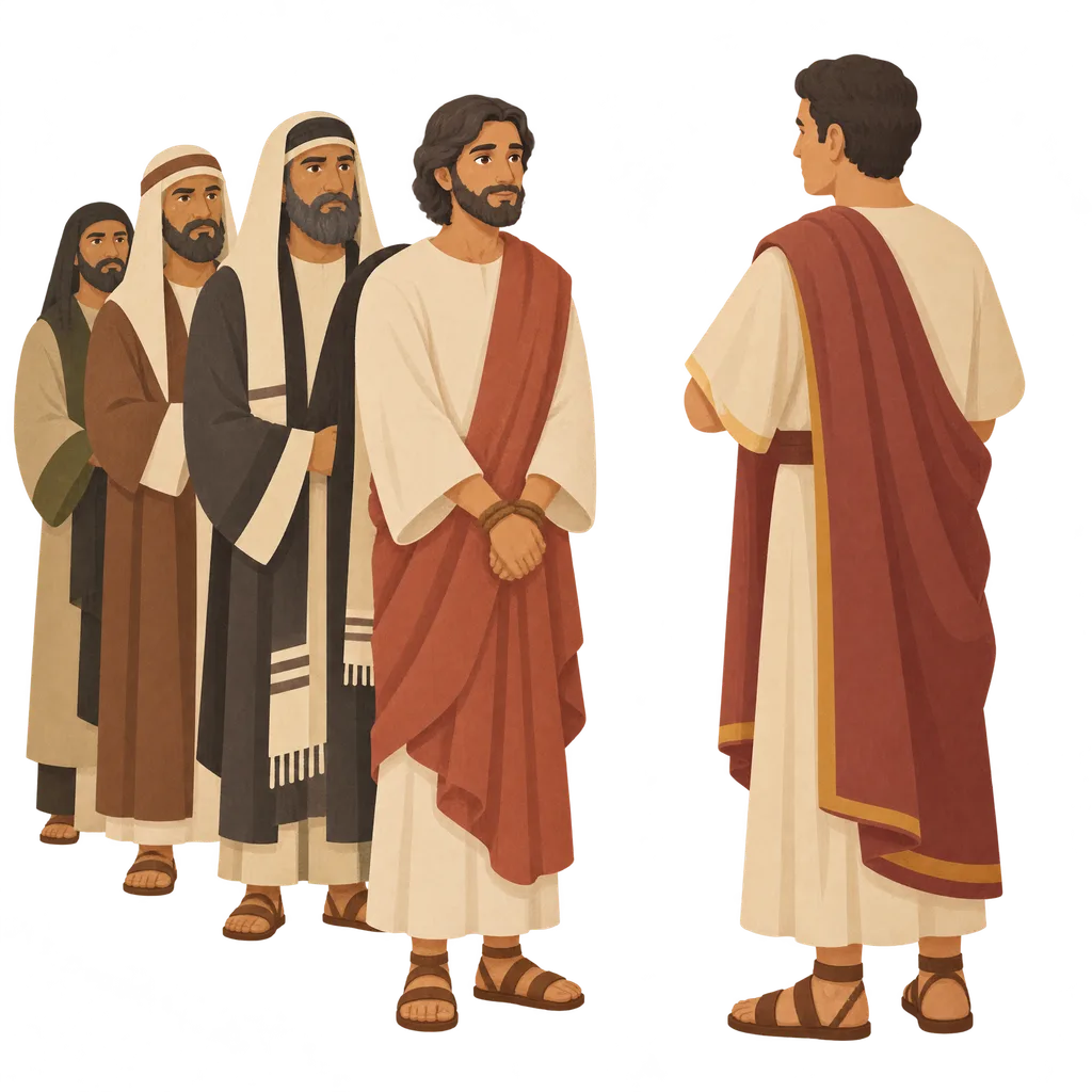 In the morning, a man with his hands tied is brought before another man, and other men stand behind the first man