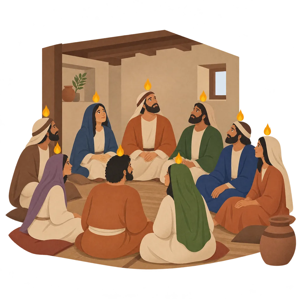 A group of people in long plain robes sit together in a simple room of a house, and a small flame rests on each person
