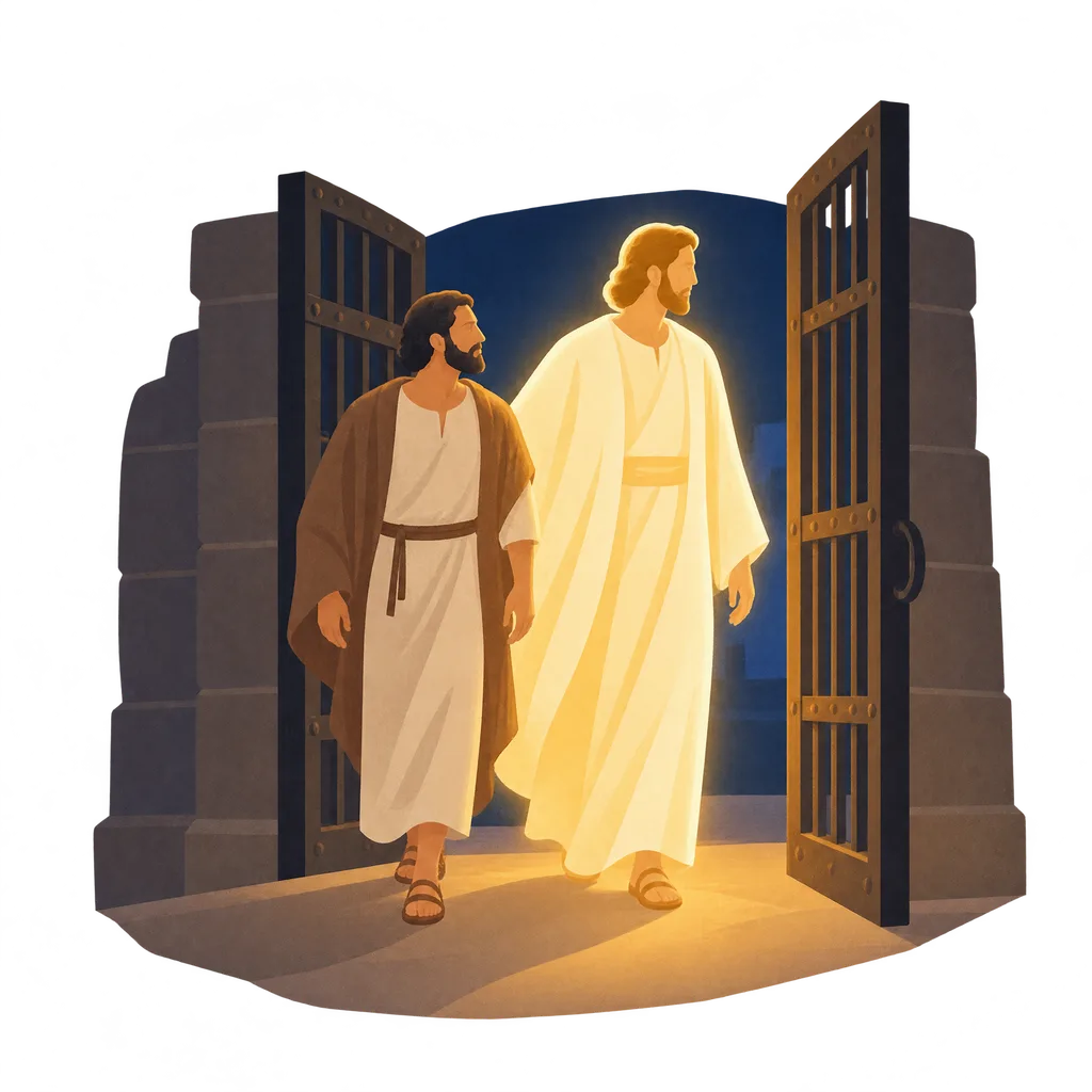 A man in a plain robe walks out through an open iron gate at night, beside a tall glowing figure